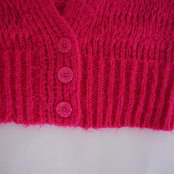 Urban Outfitters Hot Pink Chunky Knit Cardigan Bubble Sleeve Bold Barbie XS - Picture 6 of 9